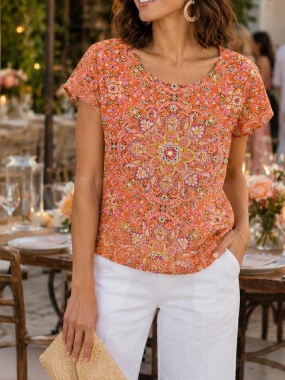 Joie Orange Paisley Short Sleeve Tee Size Large 100% Linen